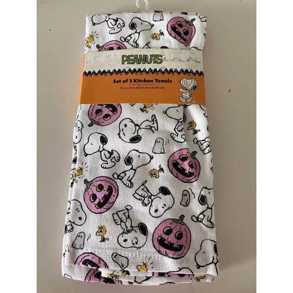 3 Pack Peanuts Snoopy Woodstock Halloween‎ Kitchen Towels Pink Pumpkin 16 X 26”